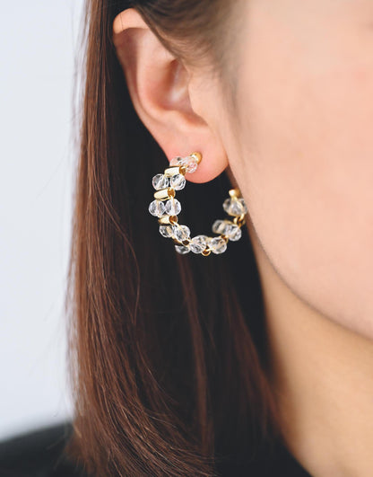 4pcs Gold/ Silver Tone C Shape Earrings, 18K Gold/ Rhodium plated Brass, Crystal Beaded Hoop Stud Earrings (GB-4543)
