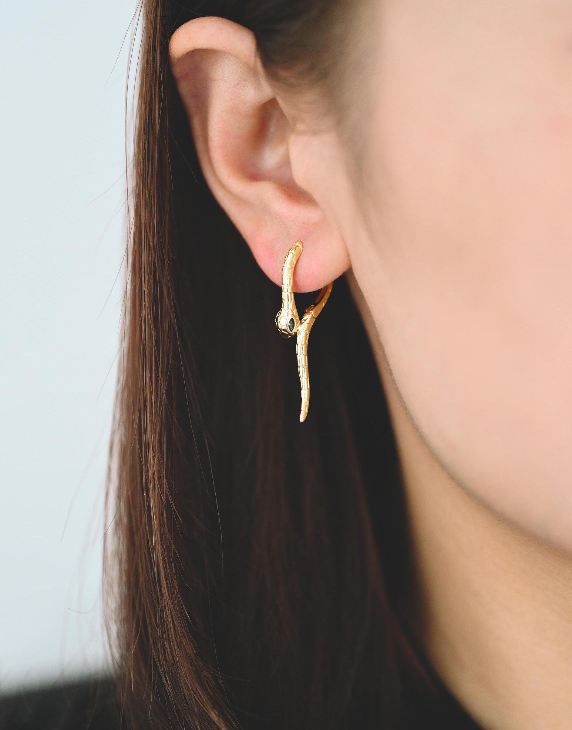 4pcs CZ Pave Gold/ Silver Tone Snake Hoop Earrings, Gold/ Rhodium plated Brass, Serpent Huggie Hoops (GB-4548)