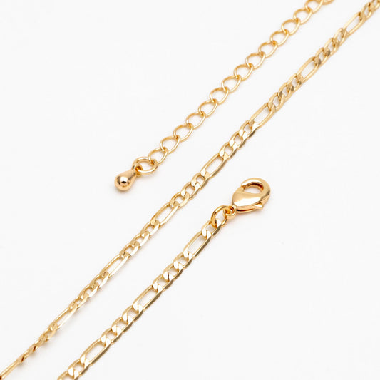 Gold Delicate Flat Figaro Chains 2.5/ 3.5mm, Finished Bracelet/ Anklet/ Necklace with Extender Chain, Ready to Wear (#LK-355)
