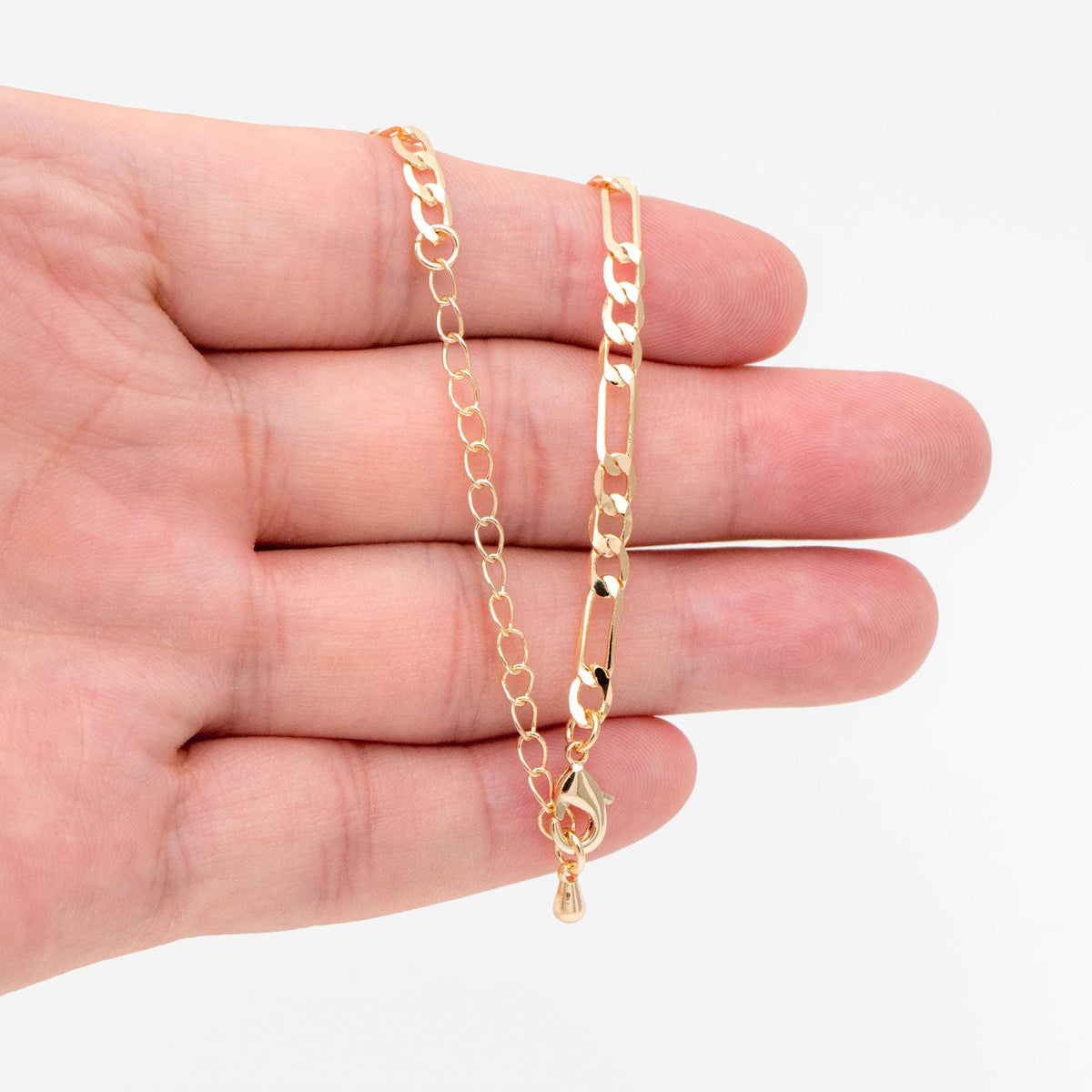 Gold Delicate Flat Figaro Chains 2.5/ 3.5mm, Finished Bracelet/ Anklet/ Necklace with Extender Chain, Ready to Wear (#LK-355)