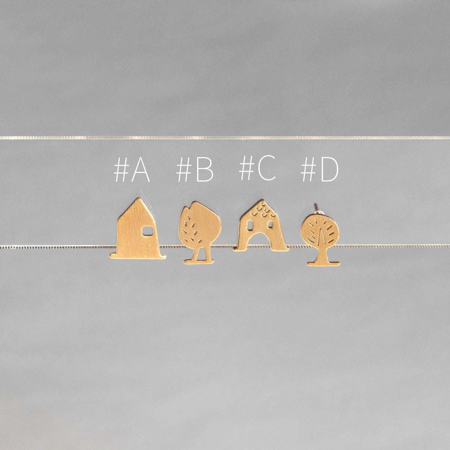 10pcs Gold House/ Tree Stud Earrings: 18K Gold Plated Brass (GB-4549)