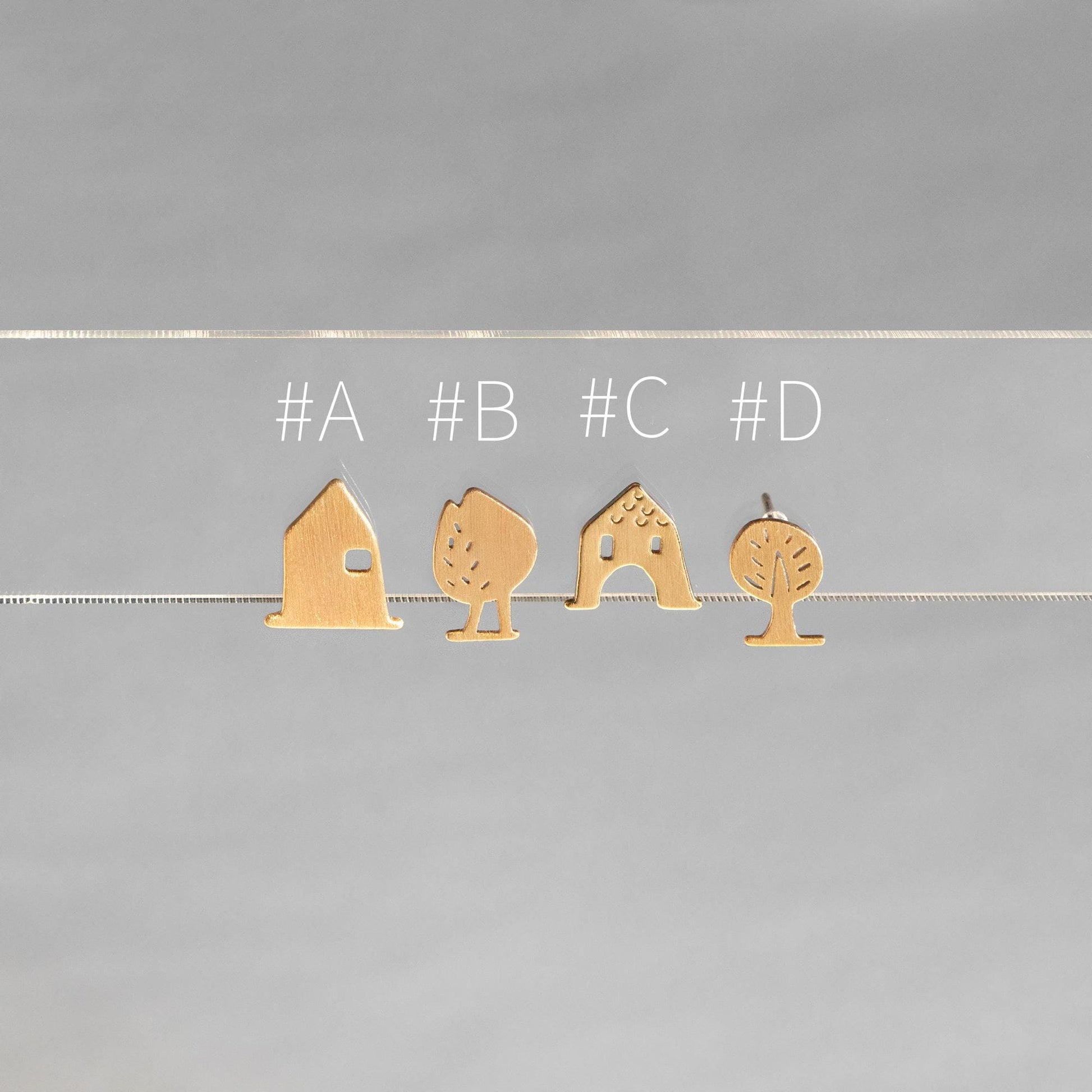 10pcs Gold House/ Tree Stud Earrings: 18K Gold Plated Brass (GB-4549)