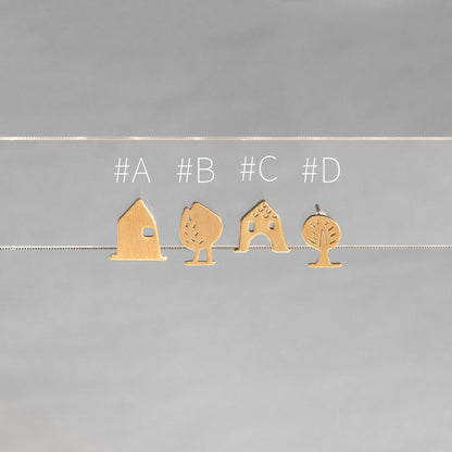 10pcs Gold House/ Tree Stud Earrings: 18K Gold Plated Brass (GB-4549)