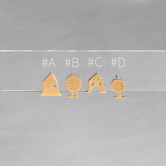 10pcs Gold House/ Tree Stud Earrings: 18K Gold Plated Brass (GB-4549)