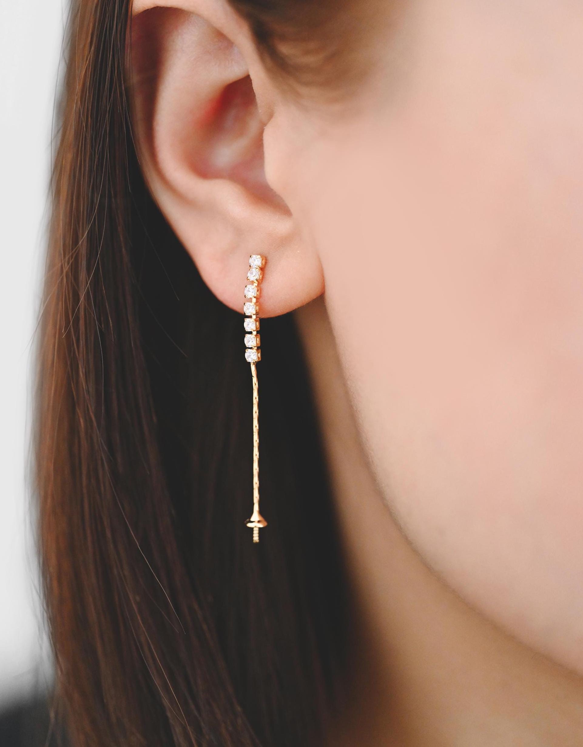 4pcs CZ Pave Gold/ Silver Chain Earring Stud, Pearl Peg Earring Mounts, Chain Stud Earrings with Peg (#GB-2983)