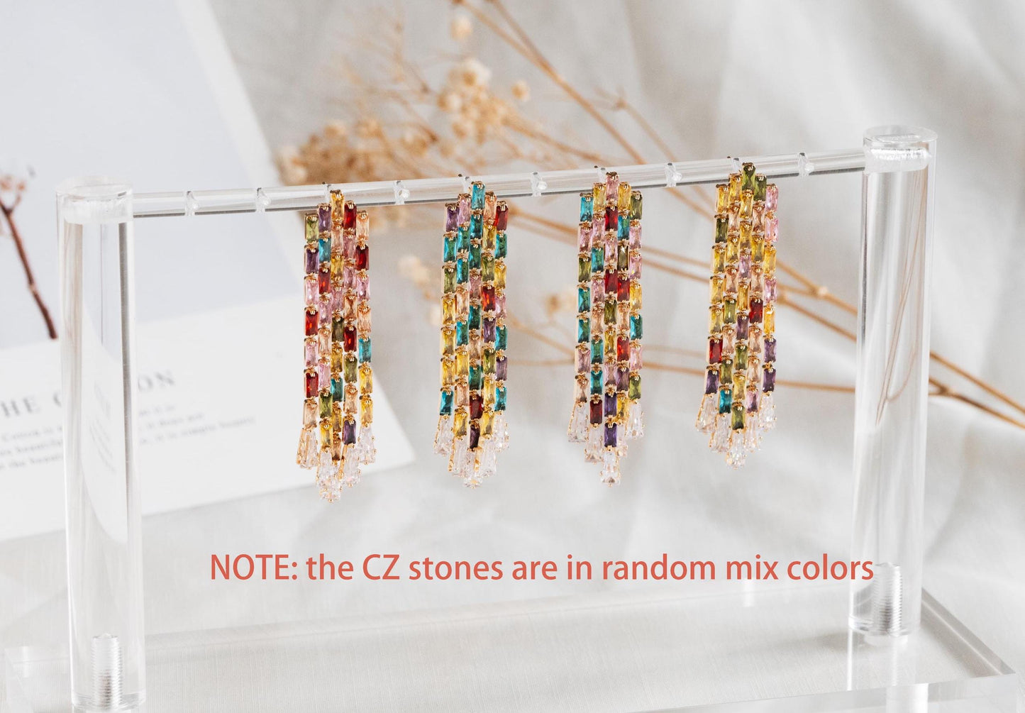 4pcs CZ Pave Chain Tassel Earrings, Long Tassel Stud Earring, Gold Dangling Earrings, Random Rainbow Mix Color (GB-4604)