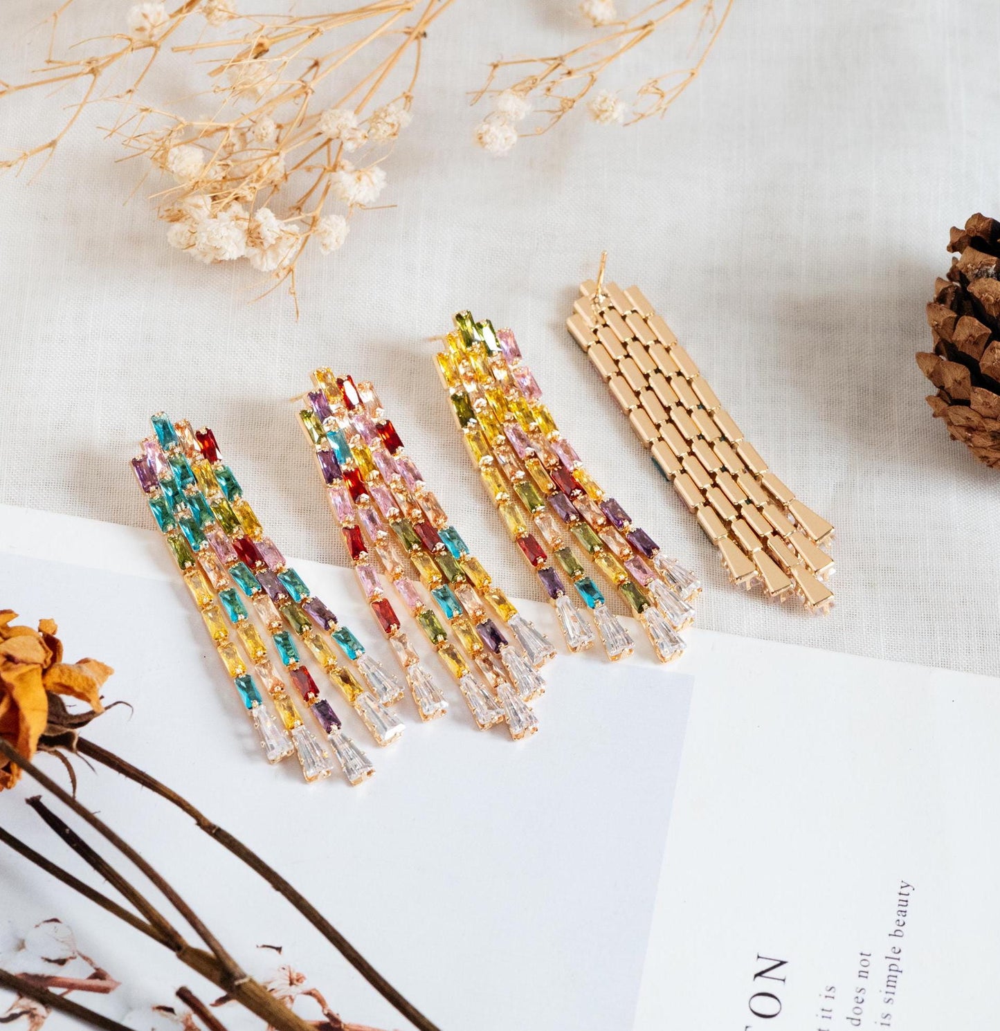 4pcs CZ Pave Chain Tassel Earrings, Long Tassel Stud Earring, Gold Dangling Earrings, Random Rainbow Mix Color (GB-4604)
