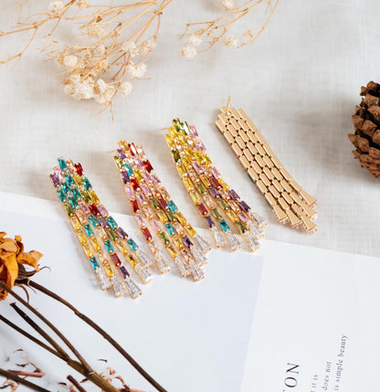 4pcs CZ Pave Chain Tassel Earrings, Long Tassel Stud Earring, Gold Dangling Earrings, Random Rainbow Mix Color (GB-4604)