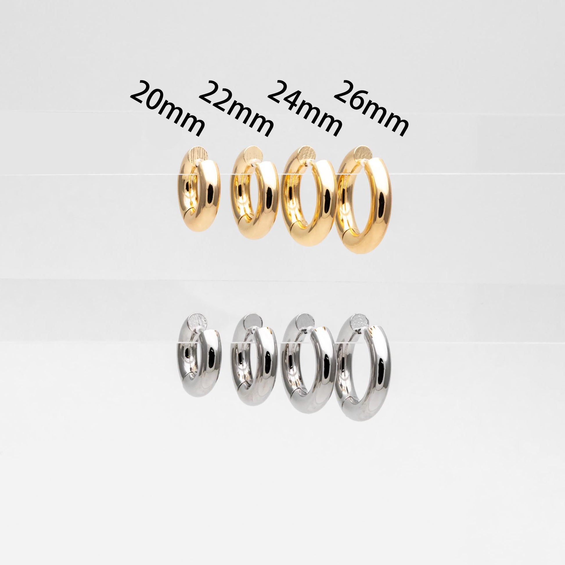 4pcs Gold Huggie Earrings, 5mm Thick by 20/ 22/ 24/ 26mm, Chunky Hoop Huggies, Gold plated Stainless Steel, Minimalist Earrings (GB-1484)