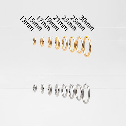 10pcs Gold/ Silver Tone Huggie Earrings, 2.5mm thick, 13/ 15/ 17/ 19/ 21 /23 /25 /30mm, Stainless Steel Hoops (GB-2191)