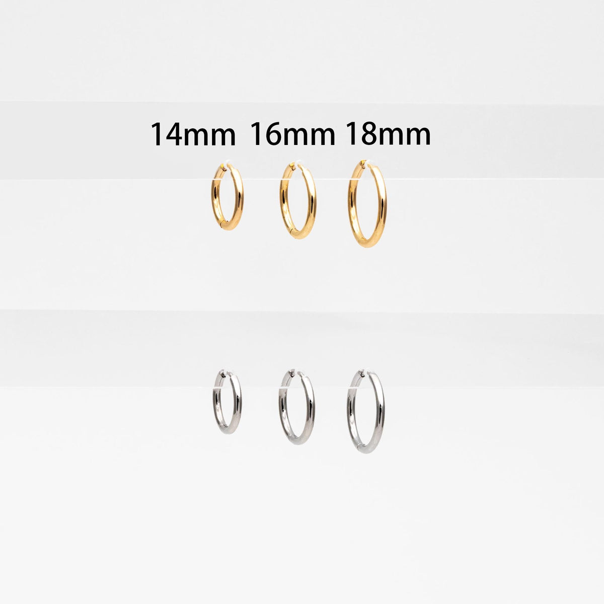 10pcs Gold/ Silver Rose Gold Huggie Hoop Earrings 14/ 16/ 18mm, Stainless Steel Hoops, Simple Hoops 1.6mm thick (GB-2200)