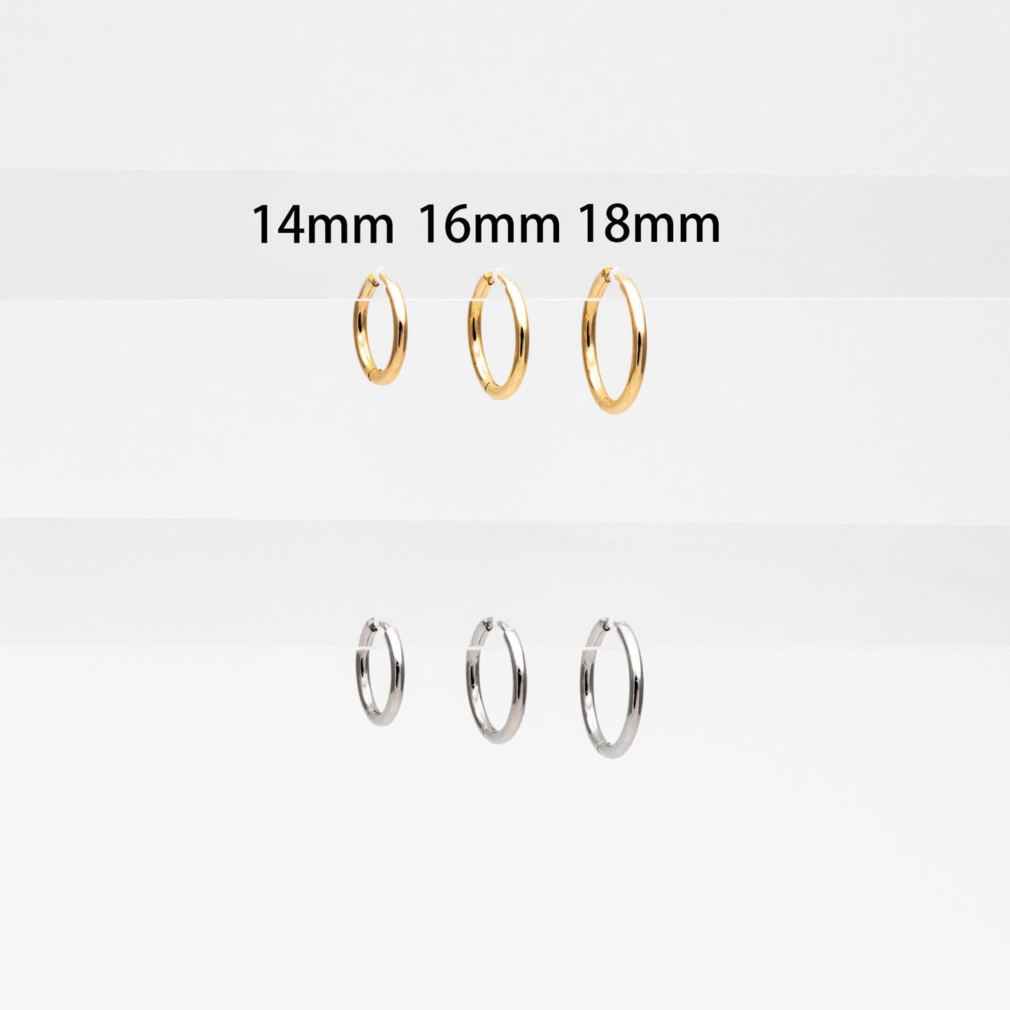 10pcs Gold/ Silver Rose Gold Huggie Hoop Earrings 14/ 16/ 18mm, Stainless Steel Hoops, Simple Hoops 1.6mm thick (GB-2200)
