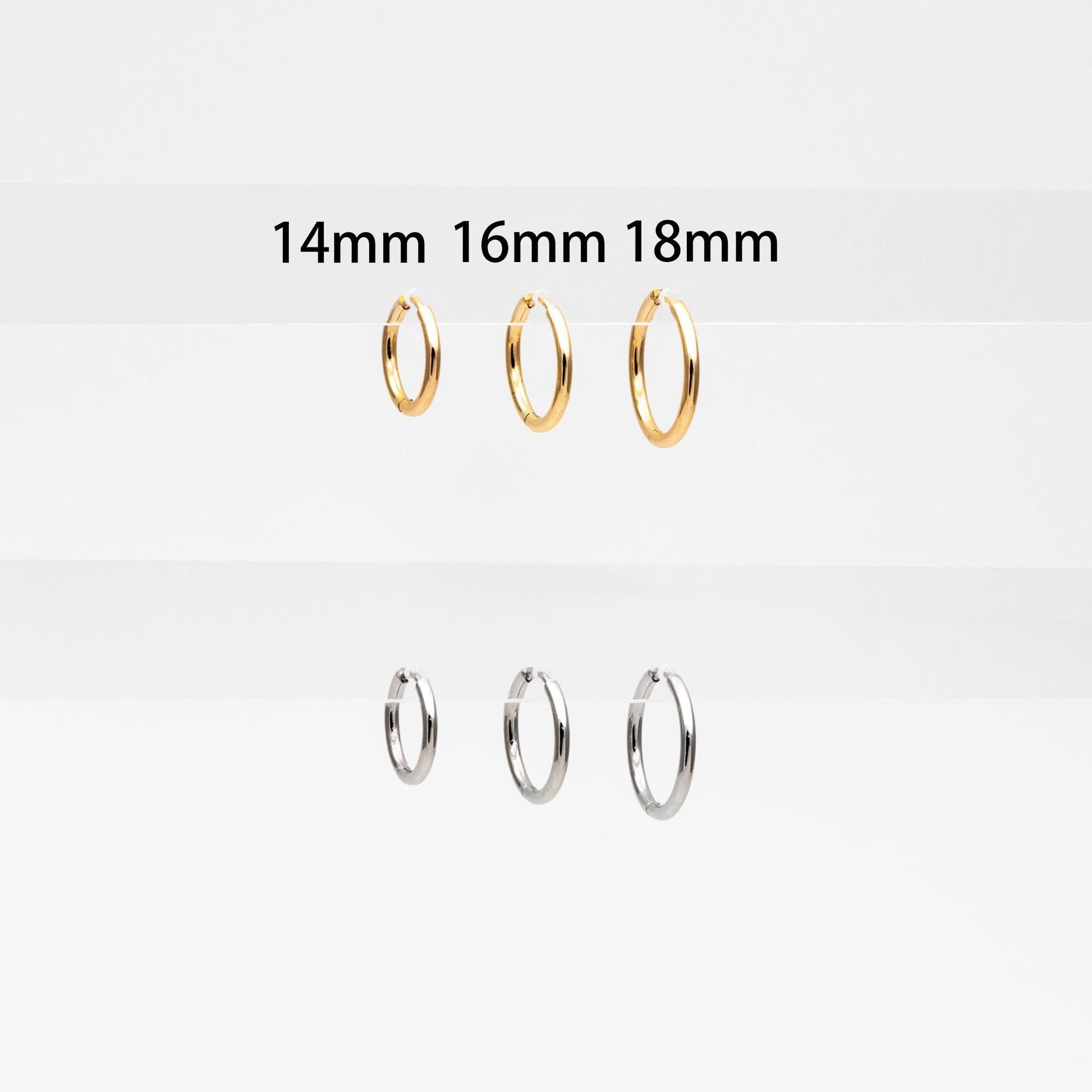 10pcs Gold/ Silver Rose Gold Huggie Hoop Earrings 14/ 16/ 18mm, Stainless Steel Hoops, Simple Hoops 1.6mm thick (GB-2200)