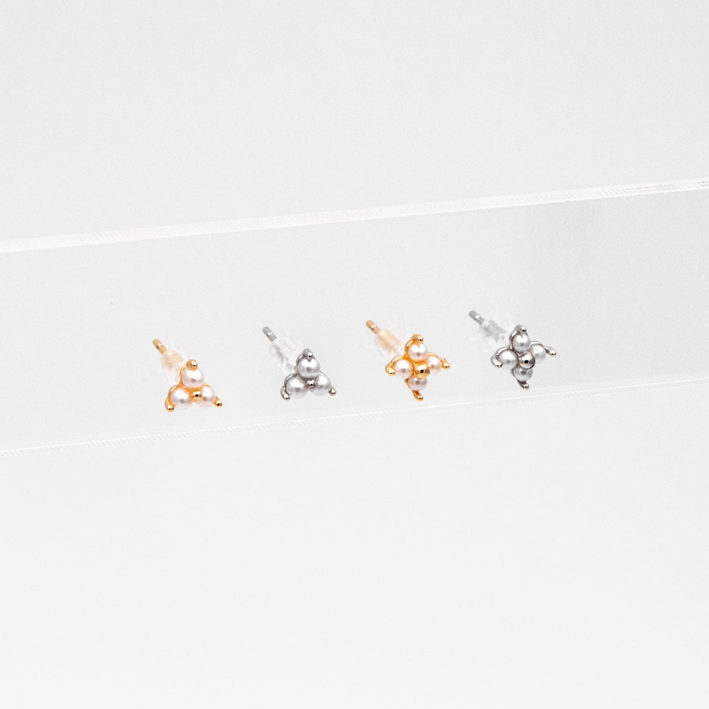 10pcs Faux Pearl Pave Gold/ Silver Tone Flower Earrings, Gold/ Rhodium Plated Brass Tiny Stud Earring (#GB-4593)