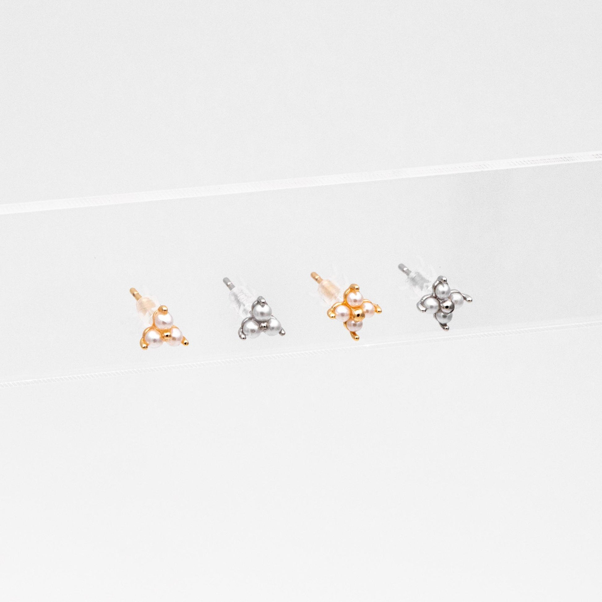 10pcs Faux Pearl Pave Gold/ Silver Tone Flower Earrings, Gold/ Rhodium Plated Brass Tiny Stud Earring (#GB-4593)