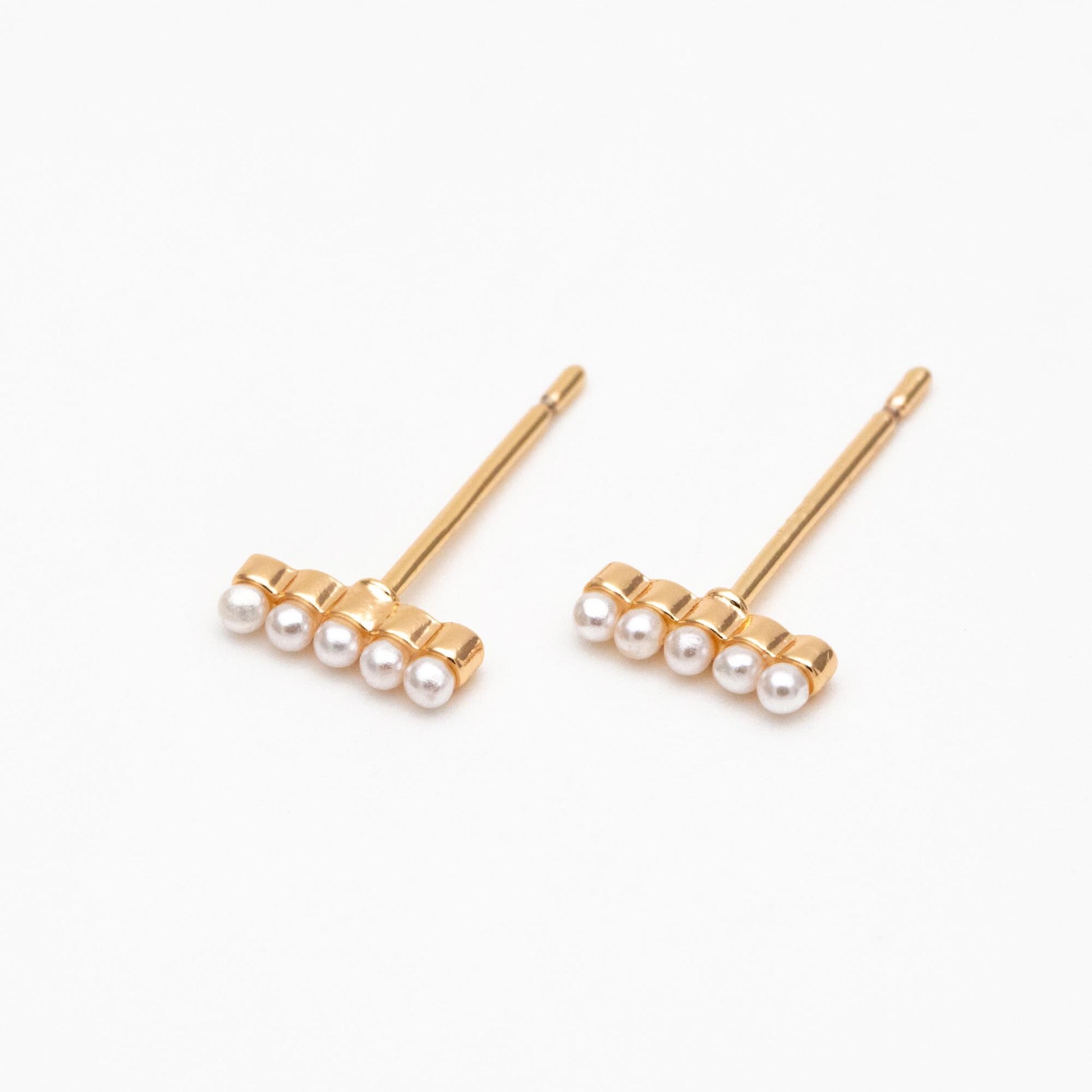 10pcs Faux Pearl Pave Gold Bar Earrings, Gold Plated Brass Tiny Pearl Stud Earring (#GB-4594)