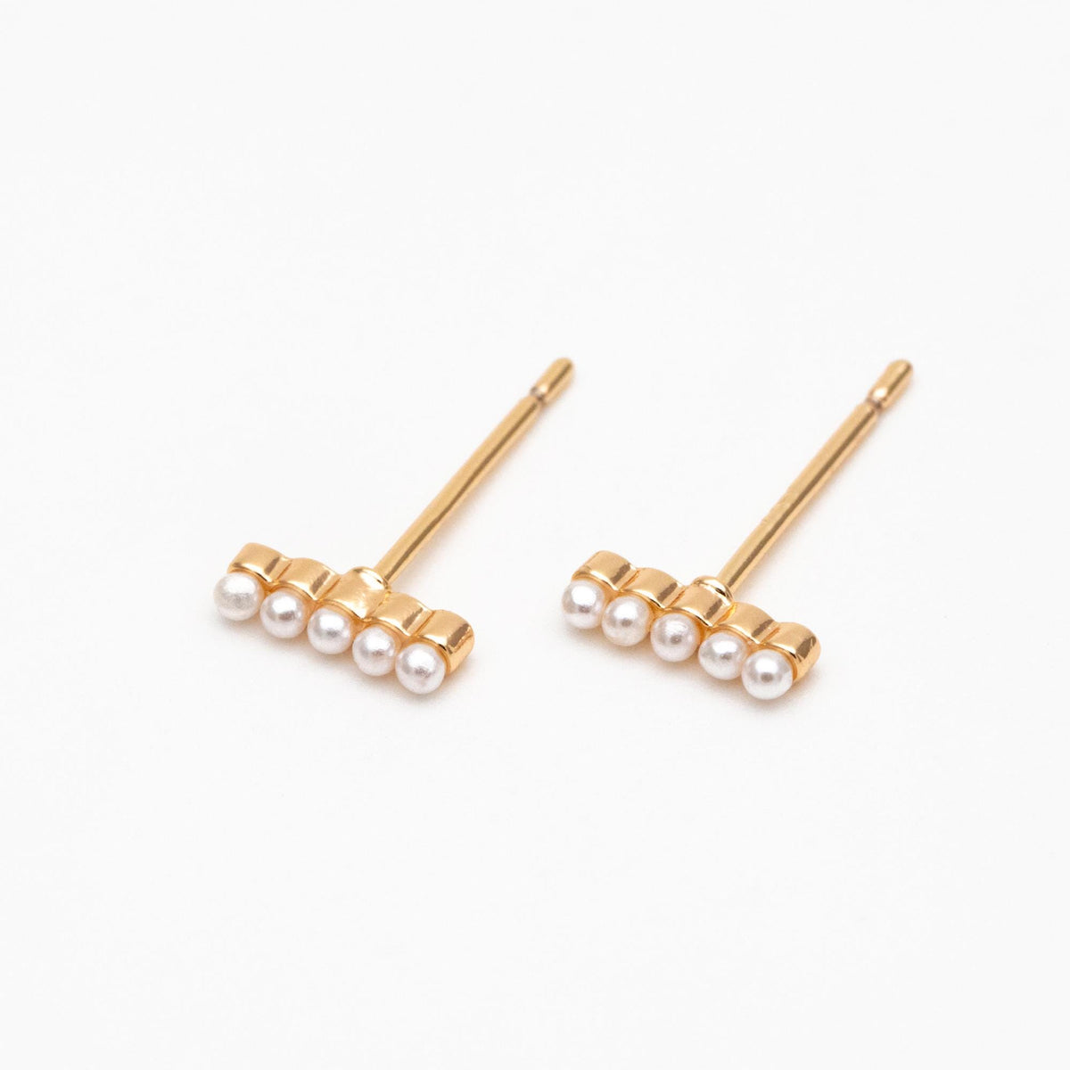 10pcs Faux Pearl Pave Gold Bar Earrings, Gold Plated Brass Tiny Pearl Stud Earring (#GB-4594)