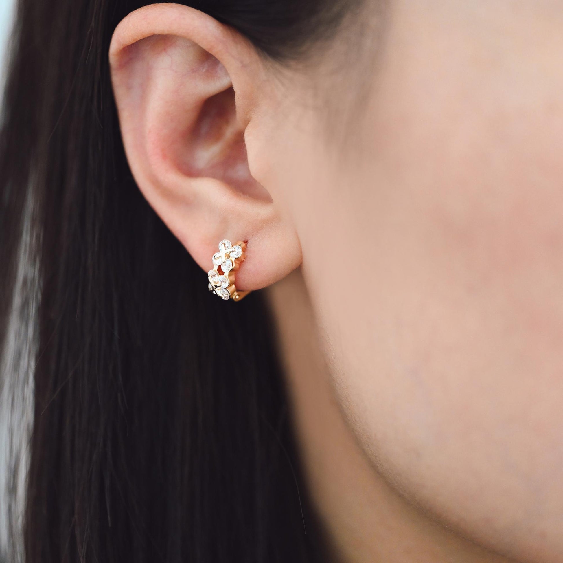 4pcs CZ Pave Gold/ Silver Tone Flower Earrings, 18K Real Gold/ Rhodium plated Brass, Dainty Hoop Earrings (GB-4578)