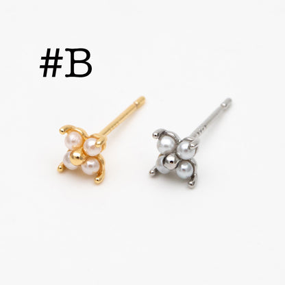 10pcs Faux Pearl Pave Gold/ Silver Tone Flower Earrings, Gold/ Rhodium Plated Brass Tiny Stud Earring (#GB-4593)