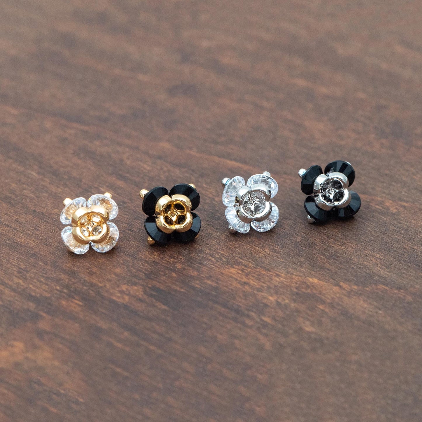 10pcs CZ Pave Flower Charms 8mm, Gold/ Silver tone Floral Pendants, Clear/ Black Cubic Zirconia (GB-343)
