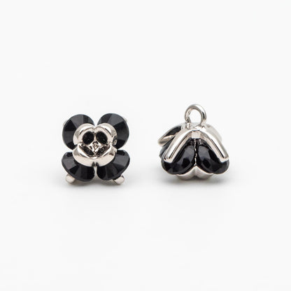 10pcs CZ Pave Flower Charms 8mm, Gold/ Silver tone Floral Pendants, Clear/ Black Cubic Zirconia (GB-343)