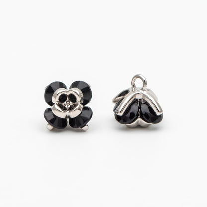 10pcs CZ Pave Flower Charms 8mm, Gold/ Silver tone Floral Pendants, Clear/ Black Cubic Zirconia (GB-343)