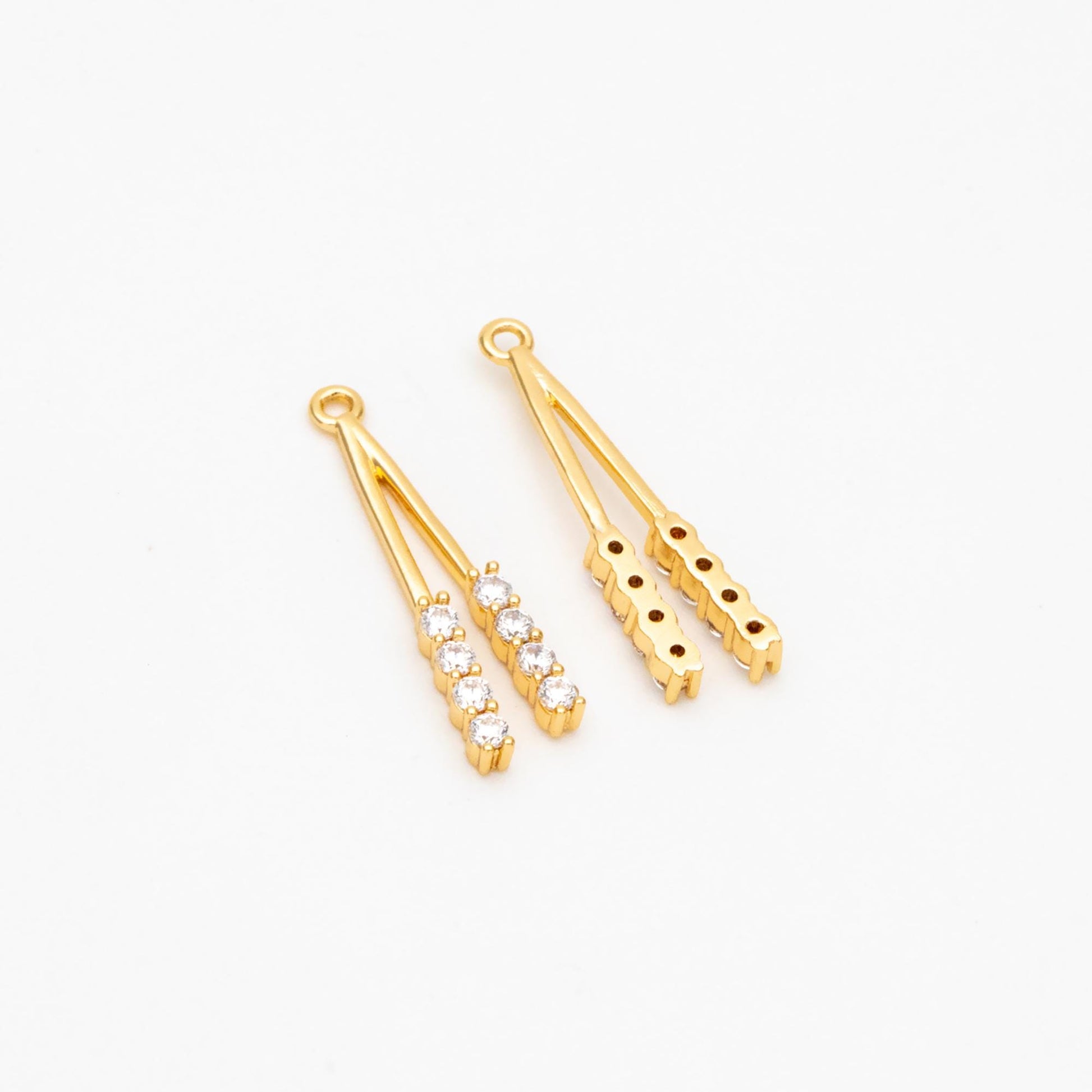 4pcs CZ Pave Gold Stick Charms 19mm, Real Gold plated Brass, Dangle Earring Components Pendants (GB-367)