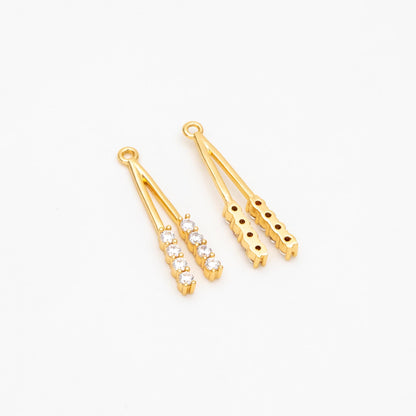 4pcs CZ Pave Gold Stick Charms 19mm, Real Gold plated Brass, Dangle Earring Components Pendants (GB-367)