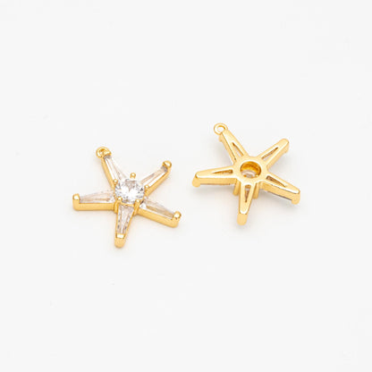 10pcs CZ Pave Gold Star Charms 15mm, Real 18K Gold plated Brass Starfish Pendants , Color Not Easily Tarnish (GB-162-N)