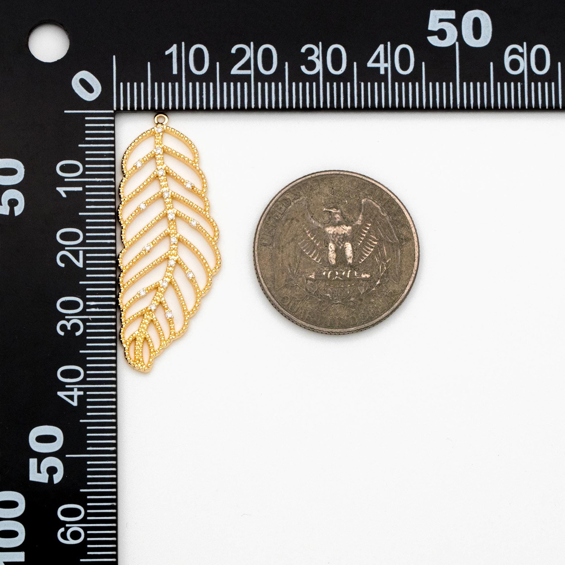 4pcs CZ Pave Gold Leaf Charms 38mm, 18K Gold plated Brass, Filigree Leaf Necklace Pendants (GB-373)