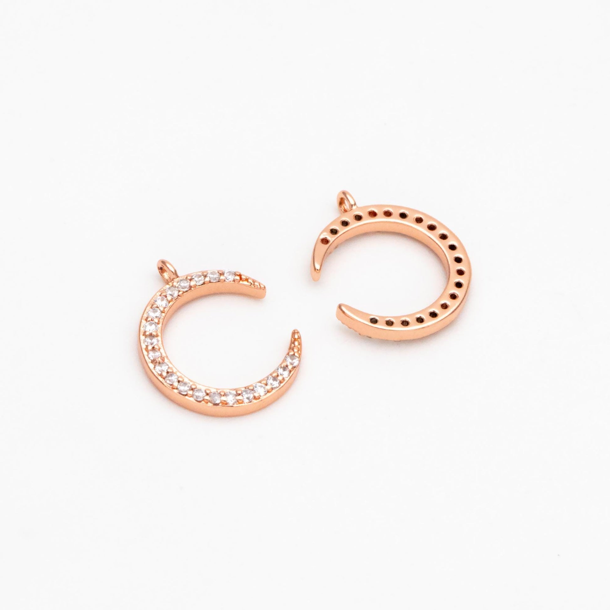 10pcs CZ Pave Moon Charms: Gold/ Rhodium/ Rose Gold Plated Brass Crescent Pendants (GB-618-G)