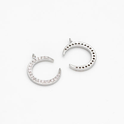 10pcs CZ Pave Moon Charms: Gold/ Rhodium/ Rose Gold Plated Brass Crescent Pendants (GB-618-G)