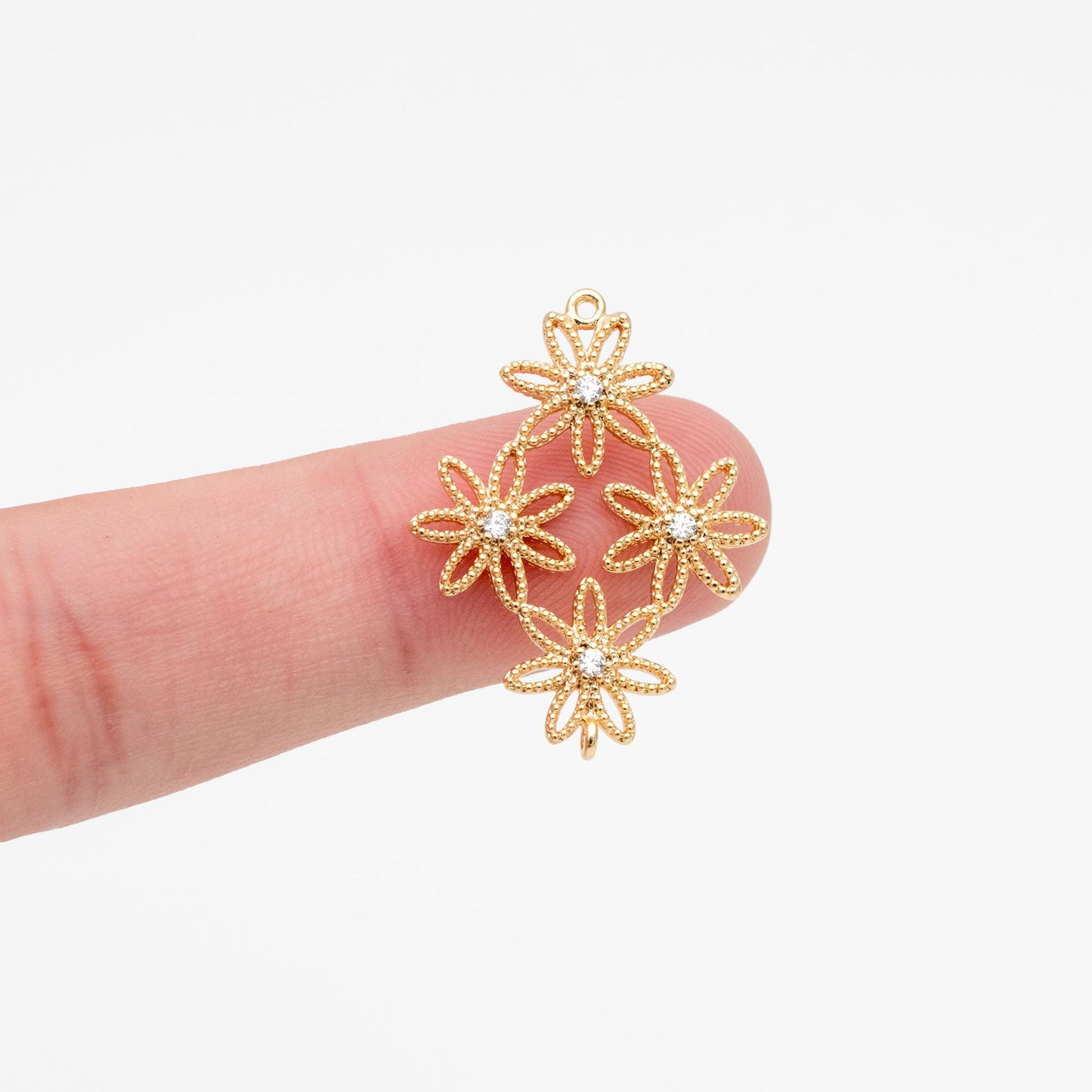 10pcs Gold plated Brass Floral Connectors 27x21mm, CZ pave Flower Cluster Charm Pendants, Lead Nickel Free (GB-407)