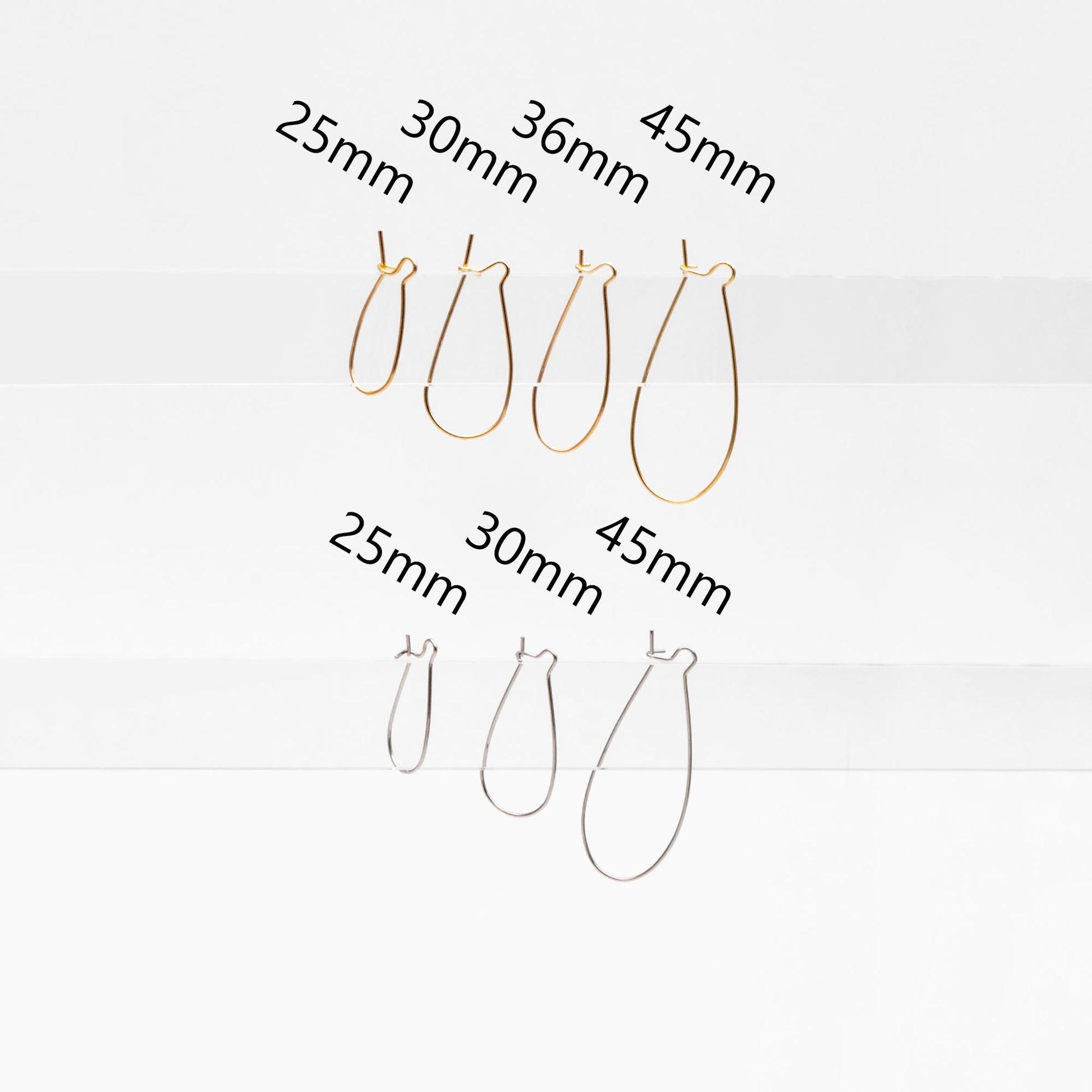 20pcs Gold/ Silver tone Kidney Ear Wires, 18K Gold/ Rhodium plated Brass Hoop Earrings 25/ 30/ 36/ 45mm (GB-253)