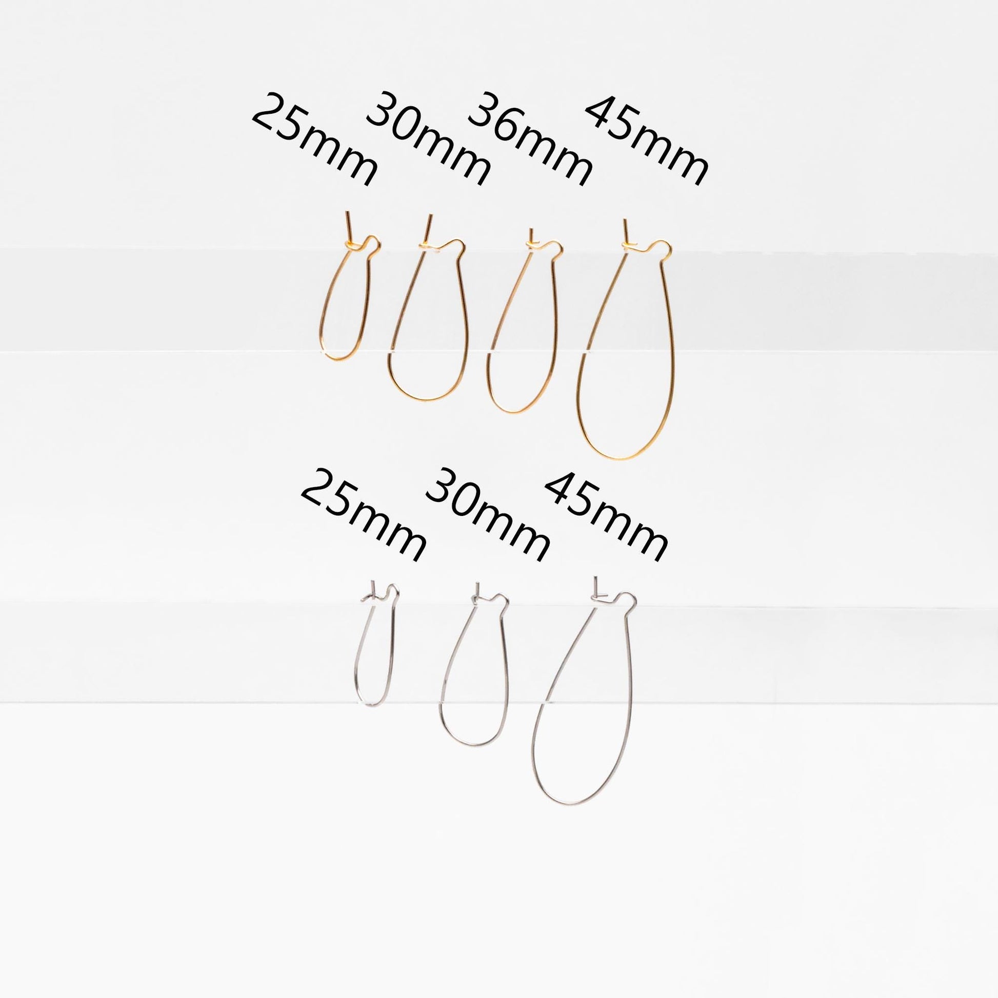20pcs Gold/ Silver tone Kidney Ear Wires, 18K Gold/ Rhodium plated Brass Hoop Earrings 25/ 30/ 36/ 45mm (GB-253)
