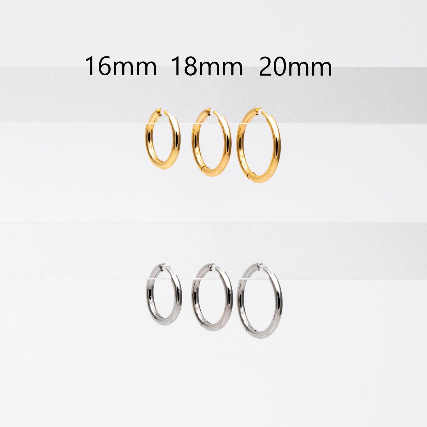 10pcs Gold/ Silver Tone Huggie Hoop Earrings, 2mm thick, 16/ 18/ 20mm, Stainless Steel Huggies, Minimalist Hoop Earrings (GB-2209)