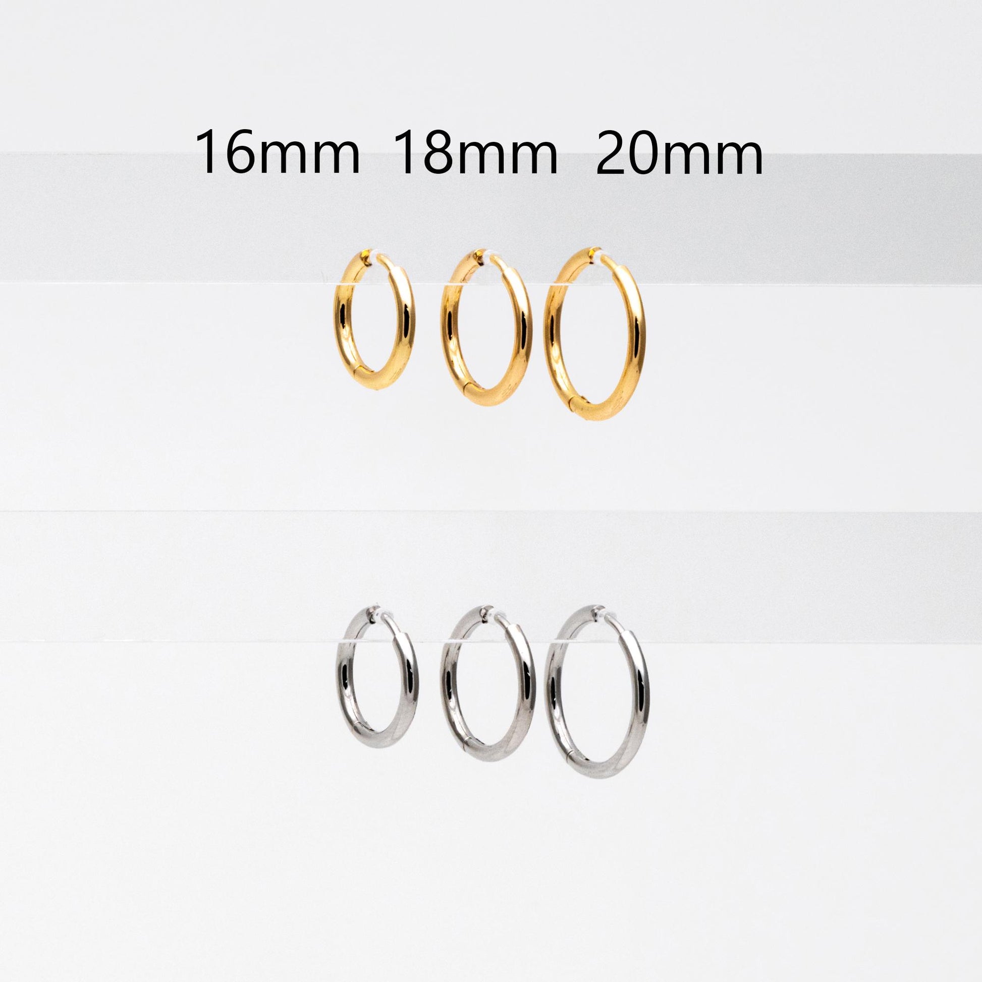 10pcs Gold/ Silver Tone Huggie Hoop Earrings, 2mm thick, 16/ 18/ 20mm, Stainless Steel Huggies, Minimalist Hoop Earrings (GB-2209)