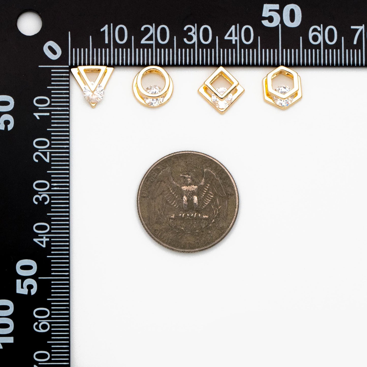 10pcs CZ Pave Gold Geometric Beads, Gold plated Brass Charm Links, Triangle Round Square Hexagon (GB-417)