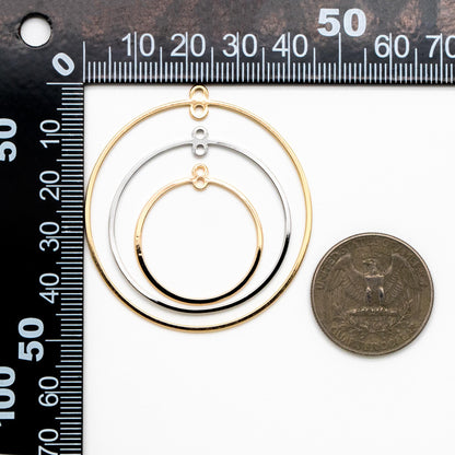 10pcs Gold/ Silver Tone Round Circle Pendants 25/ 35/ 45mm, 18K Gold/ Rhodium plated Brass, Geometric Ring Loop Hoop Charms (GB-424)