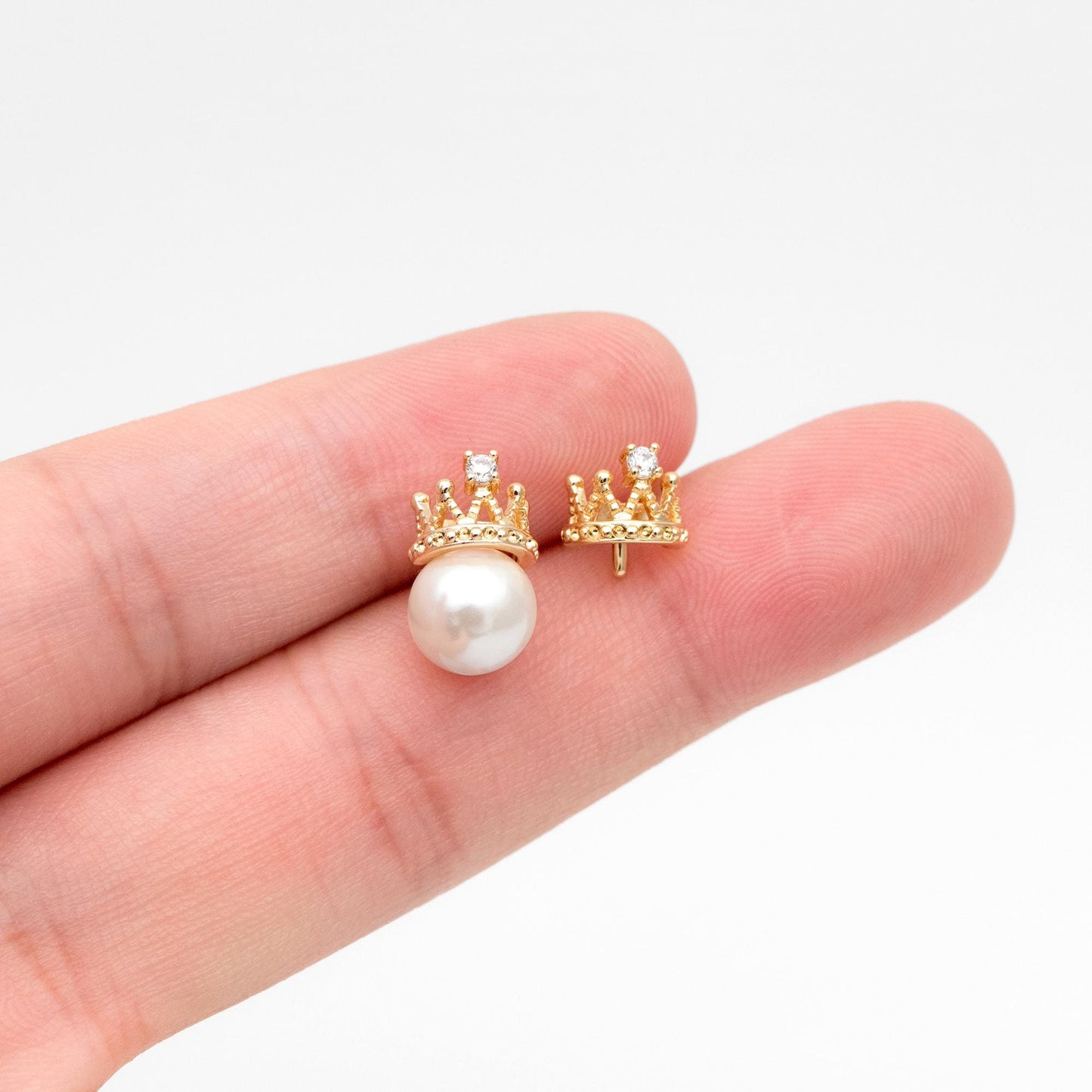 10pcs CZ Pave Crown Ear Posts, Pearl Peg Earring, 18K Gold Plated Brass Stud Earrings(#GB-431)