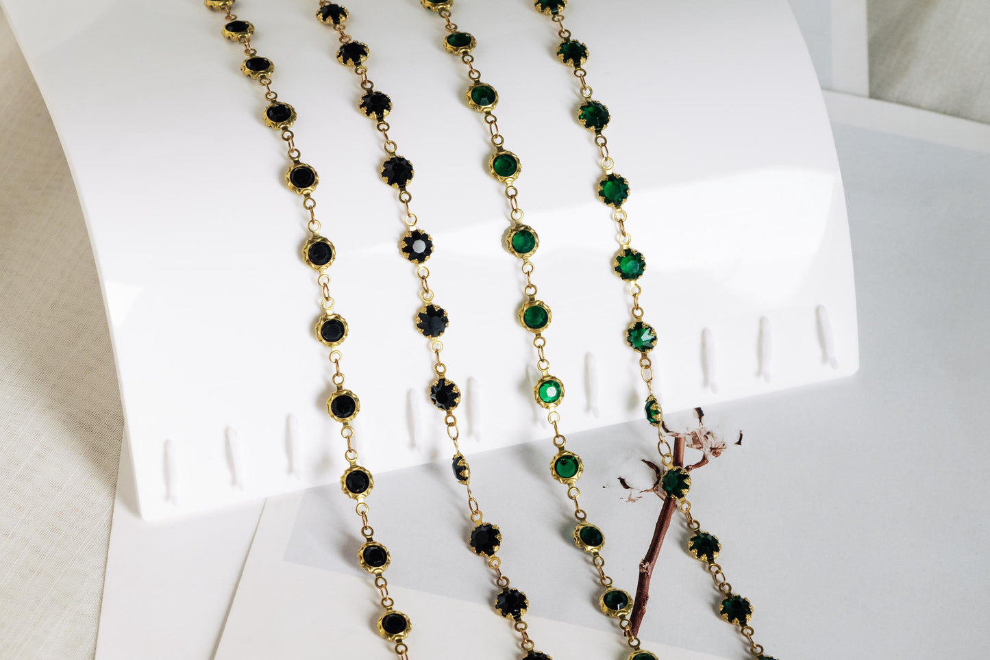 Unplated Raw Brass Designer Chain, Black/ Emerald Green Glass Flat Beaded Links 7mm (#LK-033)/ 1 Meter=3.3ft