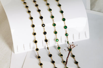 Unplated Raw Brass Designer Chain, Black/ Emerald Green Glass Flat Beaded Links 7mm (#LK-033)/ 1 Meter=3.3ft