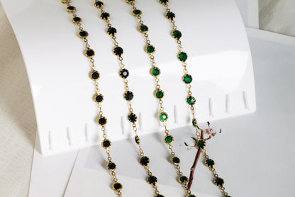 Unplated Raw Brass Designer Chain, Black/ Emerald Green Glass Flat Beaded Links 7mm (#LK-033)/ 1 Meter=3.3ft