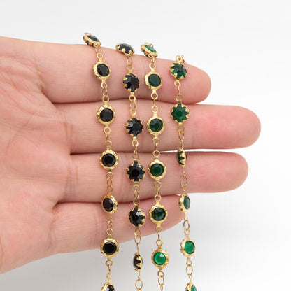 Unplated Raw Brass Designer Chain, Black/ Emerald Green Glass Flat Beaded Links 7mm (#LK-033)/ 1 Meter=3.3ft