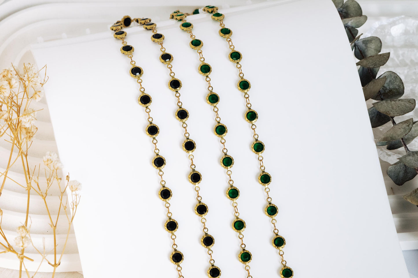 Unplated Raw Brass Designer Chain, Black/ Emerald Green Glass Flat Beaded Links 7mm (#LK-033)/ 1 Meter=3.3ft
