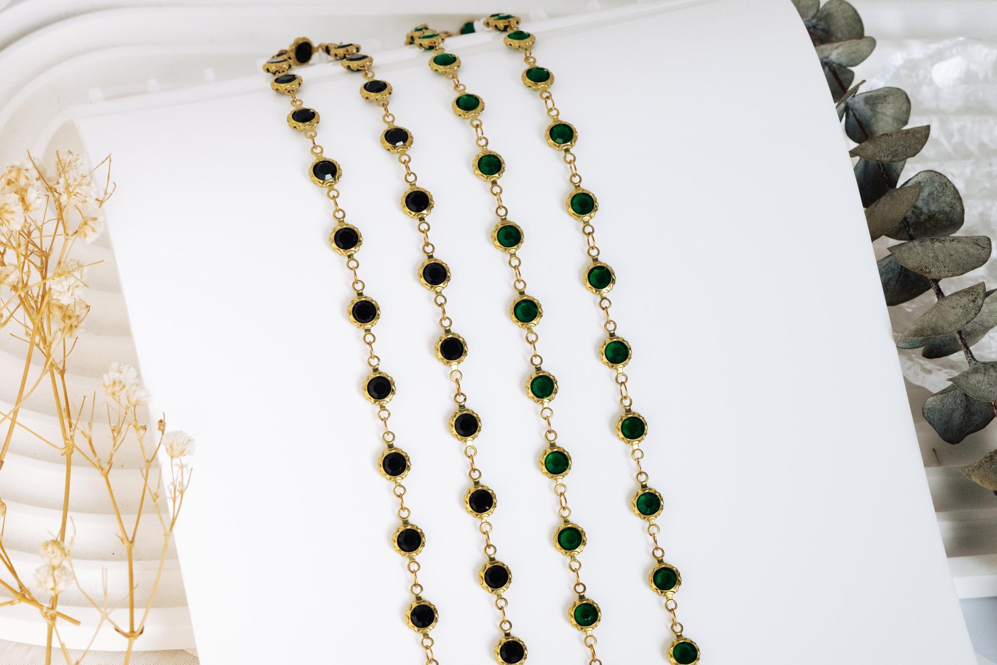 Unplated Raw Brass Designer Chain, Black/ Emerald Green Glass Flat Beaded Links 7mm (#LK-033)/ 1 Meter=3.3ft