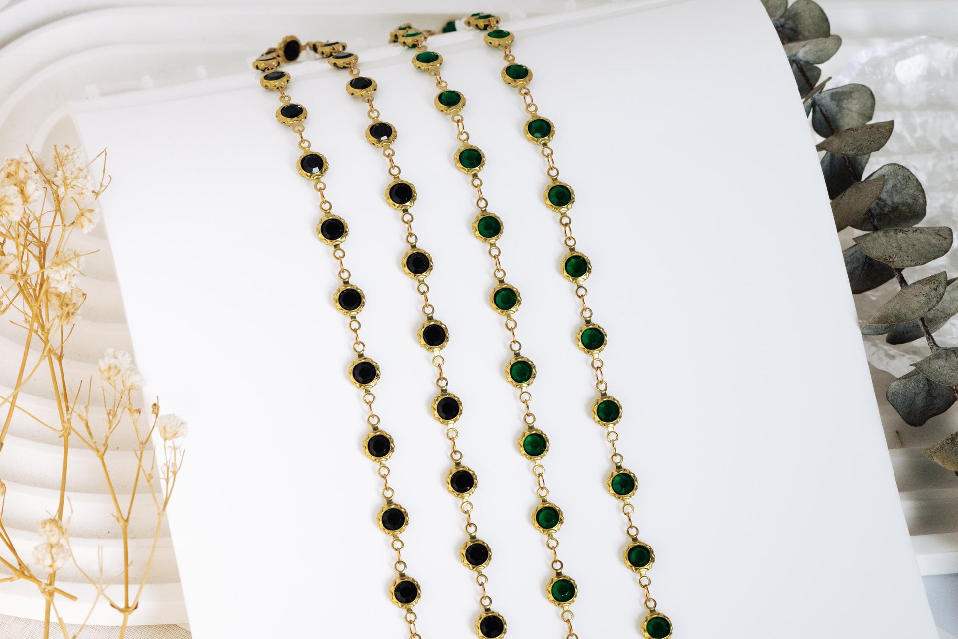 Unplated Raw Brass Designer Chain, Black/ Emerald Green Glass Flat Beaded Links 7mm (#LK-033)/ 1 Meter=3.3ft