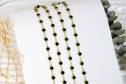 Unplated Raw Brass Designer Chain, Black/ Emerald Green Glass Flat Beaded Links 7mm (#LK-033)/ 1 Meter=3.3ft