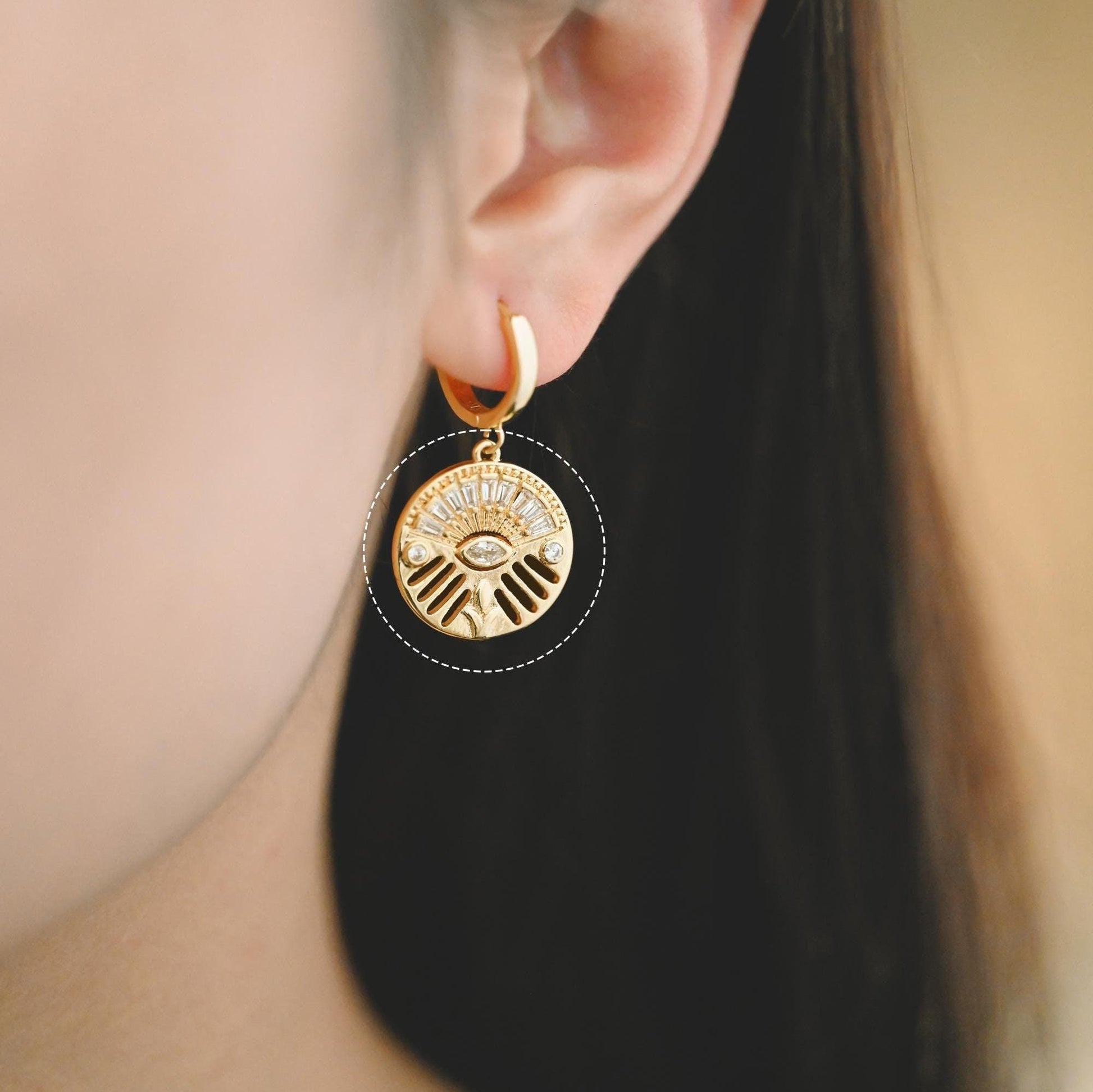 4pcs Evil Eye Pendant, CZ Pave Gold Disc Medallion Greek Eye Charm for Strength and Protection Jewelry Component (GB-1527-F)