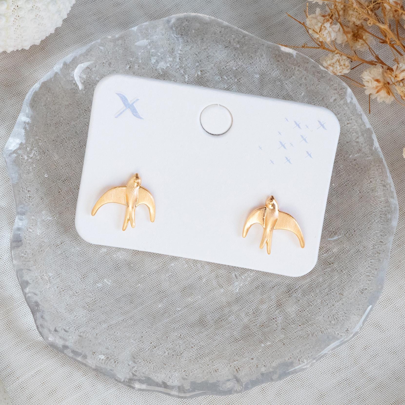 10pcs Gold Brushed Swallow Earrings 14x14mm, 18K Real Gold Plated Brass Bird Stud Earrings (GB-4620)